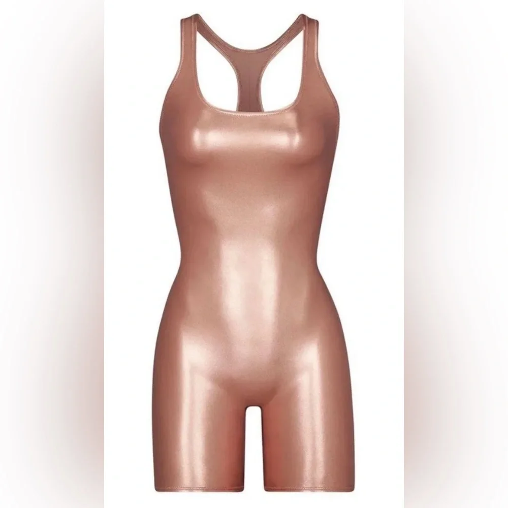 SKIMS Swim Women's Rose Gold Metallic Racerback Cycle Suit Size Small NWT
